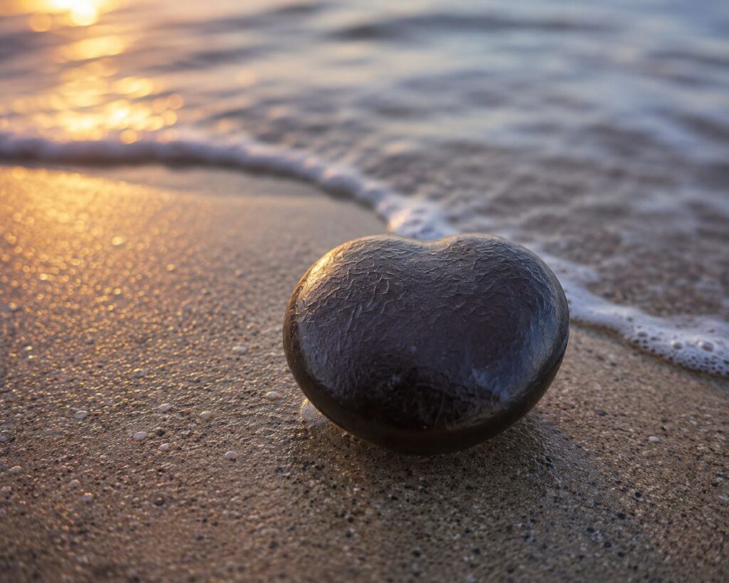 Rare sea heart found on a quiet beach, symbolizing the unexpected treasures nature reveals when we slow down and pay attention.