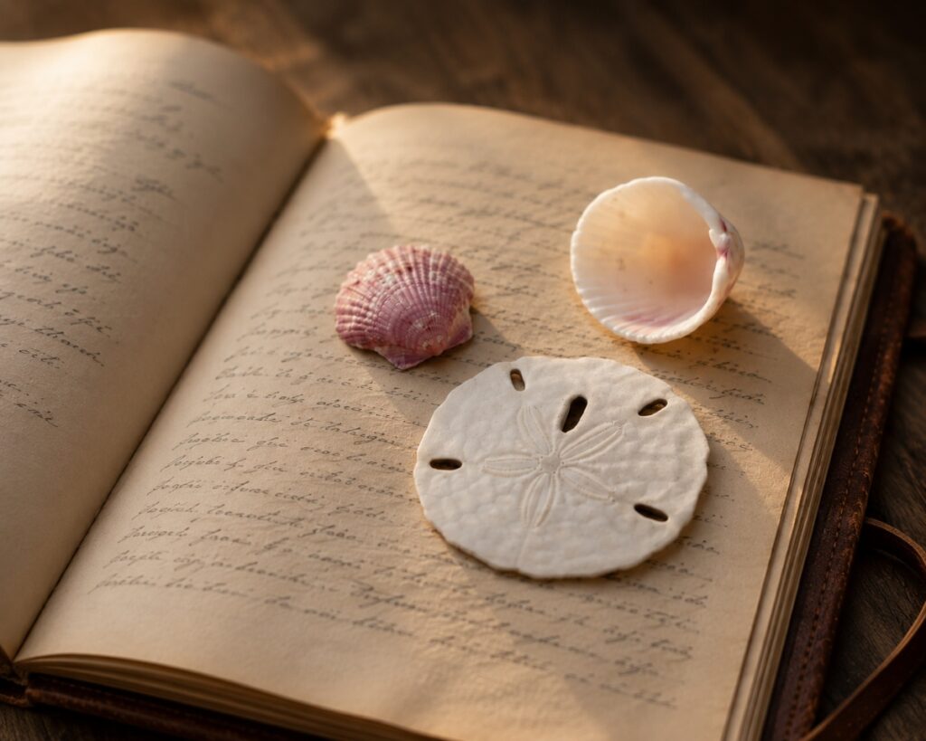 Two seashells and a sand dollar resting on an open journal, representing childhood memories of beachcombing and searching for treasures in nature.